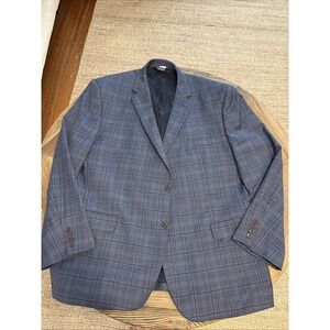 Jos A Bank Traveler Mens 48R Blue Grey  Wool Windowpane Plaid Jacket Blazer EUC